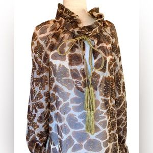 DUNDAS SILK $1690 GIRAFFE ANIMAL PRINT METALLIC TASSEL BLOUSE TOP NEW TAGS ITALY
